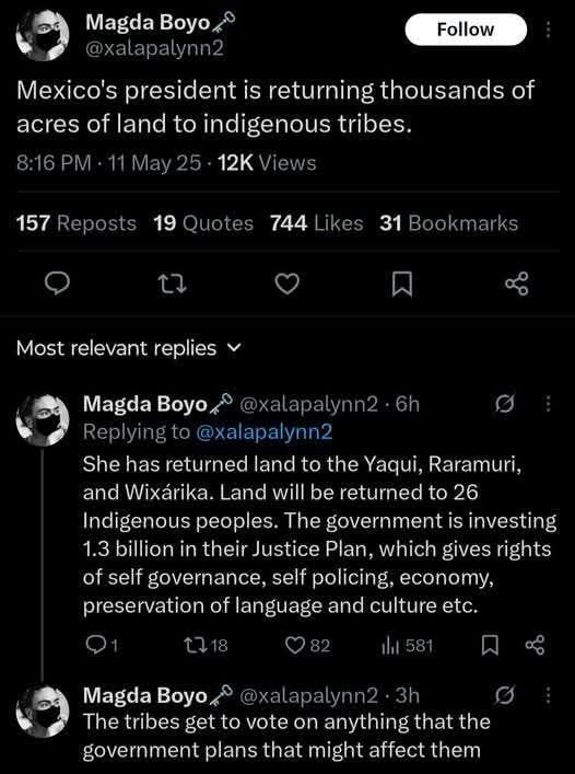 The meme is a screenshot of a tweet from a satirical Twitter account, @QanonKrabbyPatty. The tweet is a response to a news article about Mexico's president, Andrés Manuel López Obrador, announcing that 26 indigenous communities will be returned to Mexico from the United States. The tweet says "Mexico's president is returning thousands of acres of land to indigenous tribes. The tribes get to vote on anything that the government plans that might affect them. They get to vote on anything that might affect them. They get to vote on anything that might affect them."